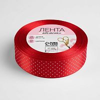 Лента атласная 25мм, 22 метра Красная в белый горошек №26