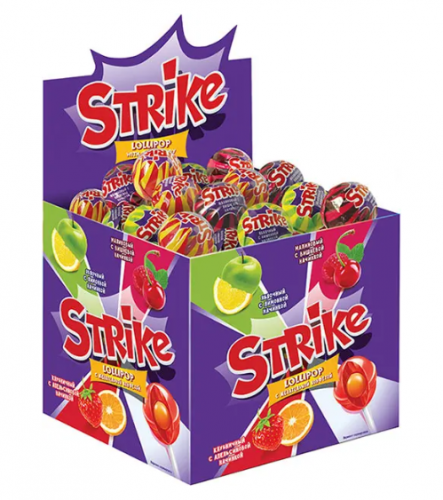 «Strike», карамель на палочке с жевательной конфетой, 11,3 г (уп/50 шт) «Strike», карамель на палочке с жевательной конфетой, 11,3 г (уп/50 шт)