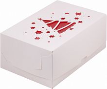 Коробка для капкейков на 6 шт. 235*160*100 мм с окном Елка (белый с красным)