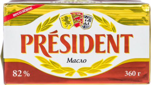 Масло кислосливочное несоленое 82% "PRESIDENT" 360гр (10шт*кор)