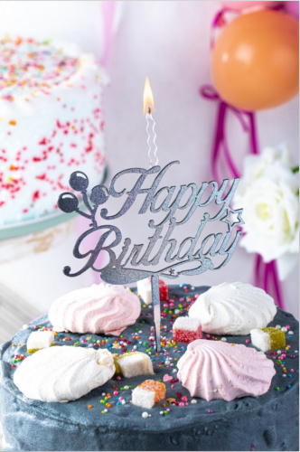 Топпер-Свеча "Серебряная - Happy Birthday, шары", 11 см.